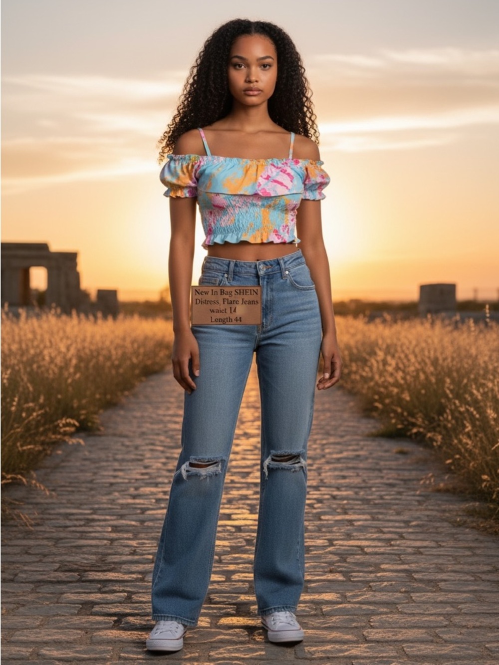 New in BagSHEIN Light Blue Distressed Flare Jeans
